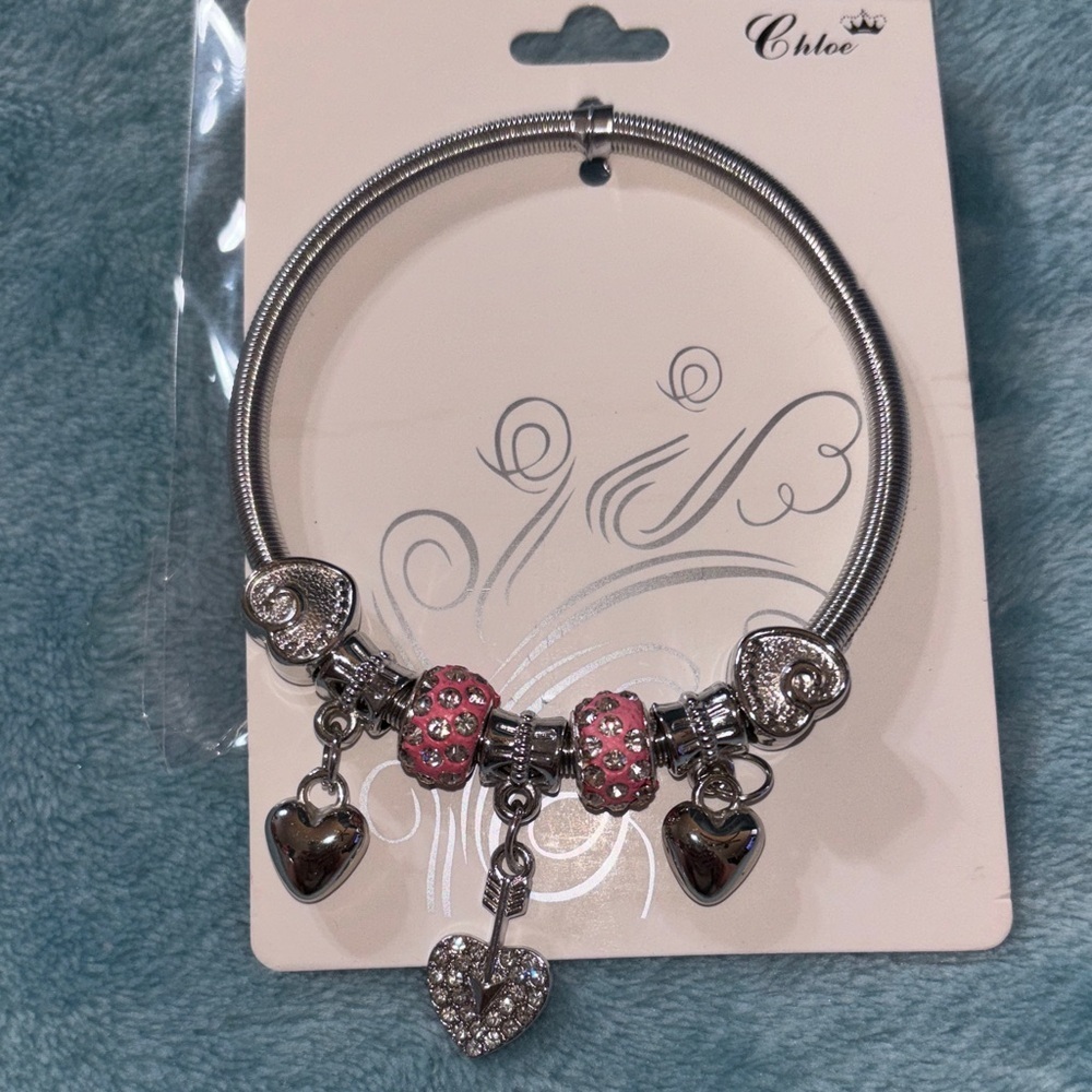 Chloe Silver Bracelet with Pink Heart Charms